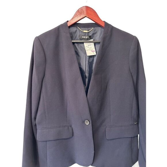 NWT NEW DKNY Navy Blue Women’s One Button Padded Shoulder Jacket Blazer Size 14 - Picture 2 of 10
